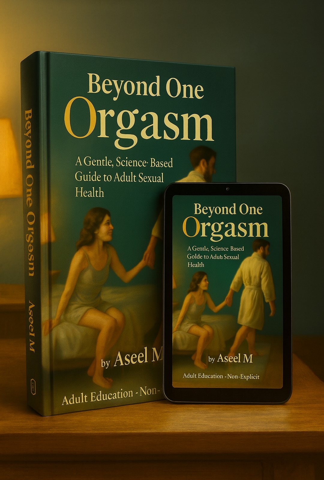 Beyond One Orgasm book and tablet mockup on a table