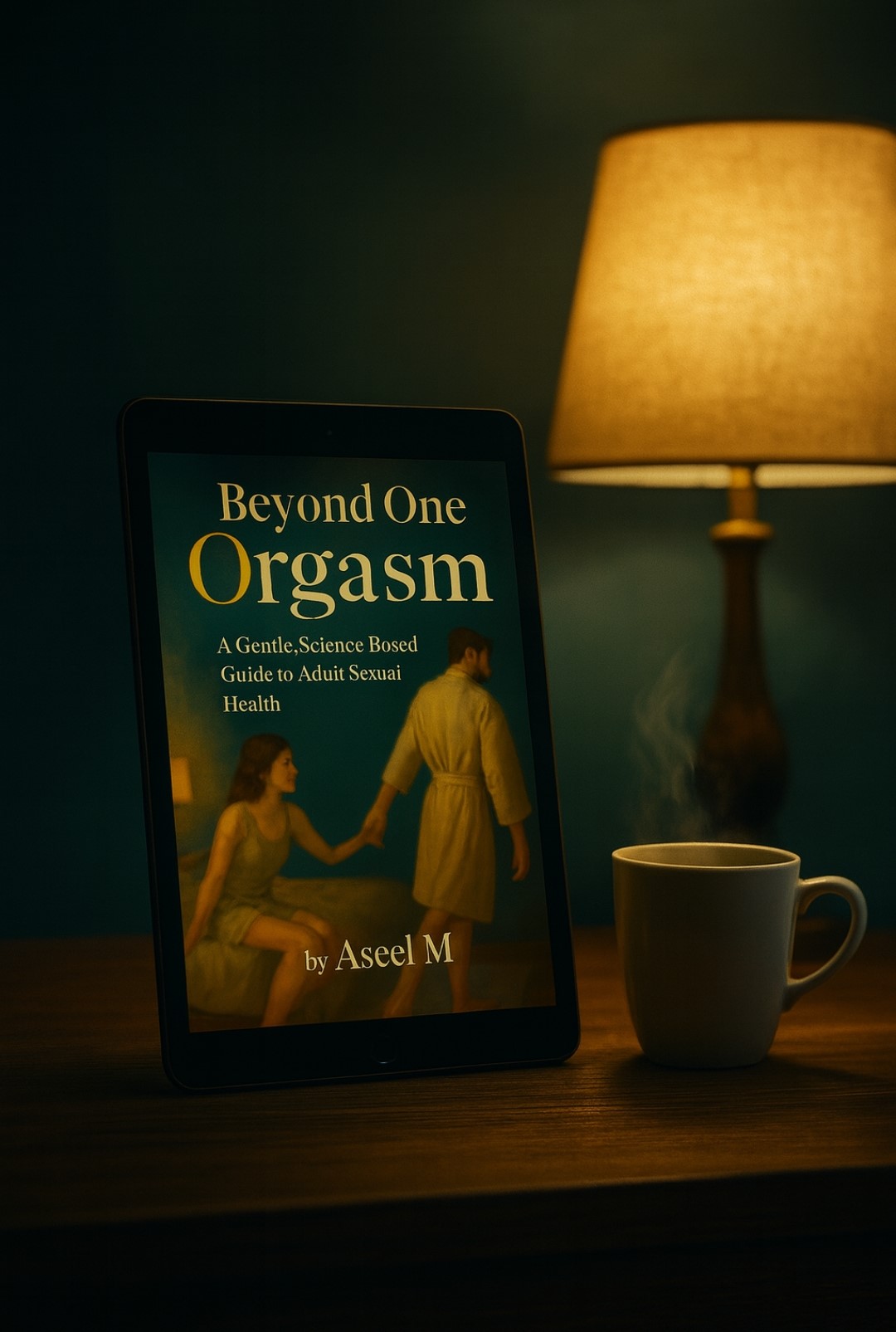 Tablet with Beyond One Orgasm and a warm cup of coffee